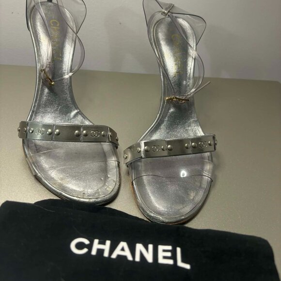 CHANEL Shoes - Chanel Silver Metallic Ankle Strap Heels